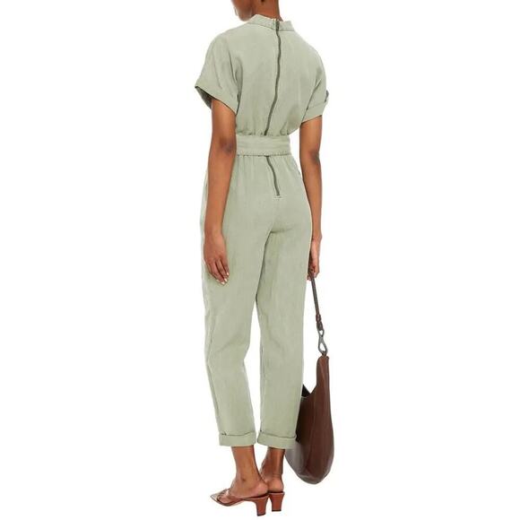 Alice + Olivia Leonarda Jumpsuit Cropped Belted Linen Blend Light Green Size 6 - Picture 3 of 7